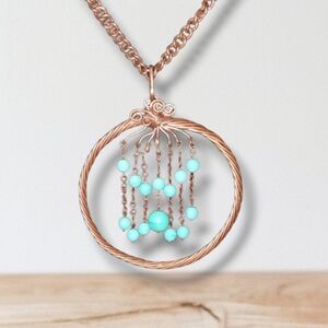 Artisan copper beaded wire pendant and necklace turquoise color beads